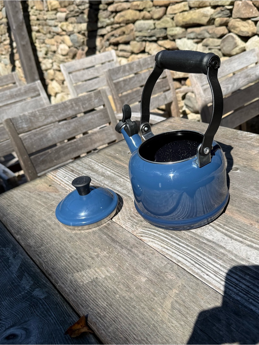 Le creuset Blue Enamel Whistling Teakettle with Black Handle